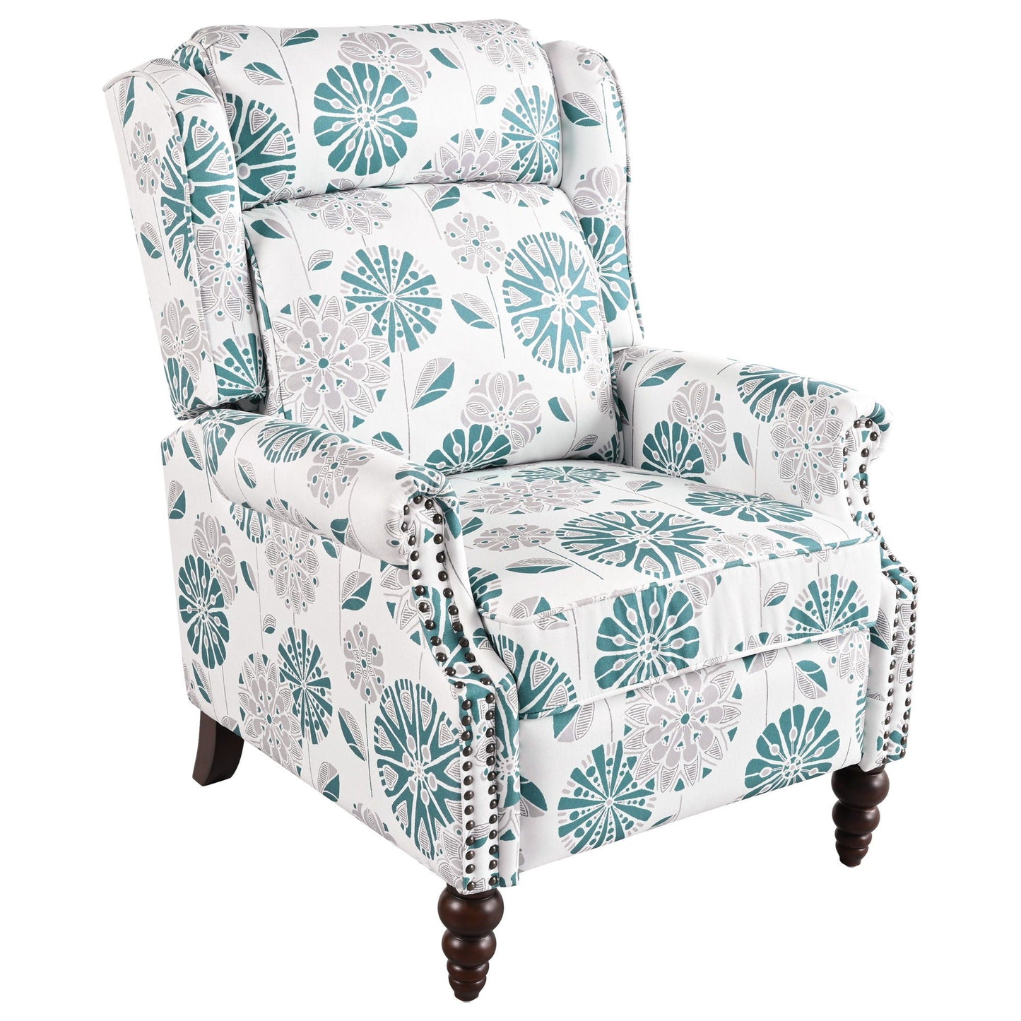 Push Back Recliner Chair Upholstered With Classic Wing Back And Solid Gourd-Shaped Legs