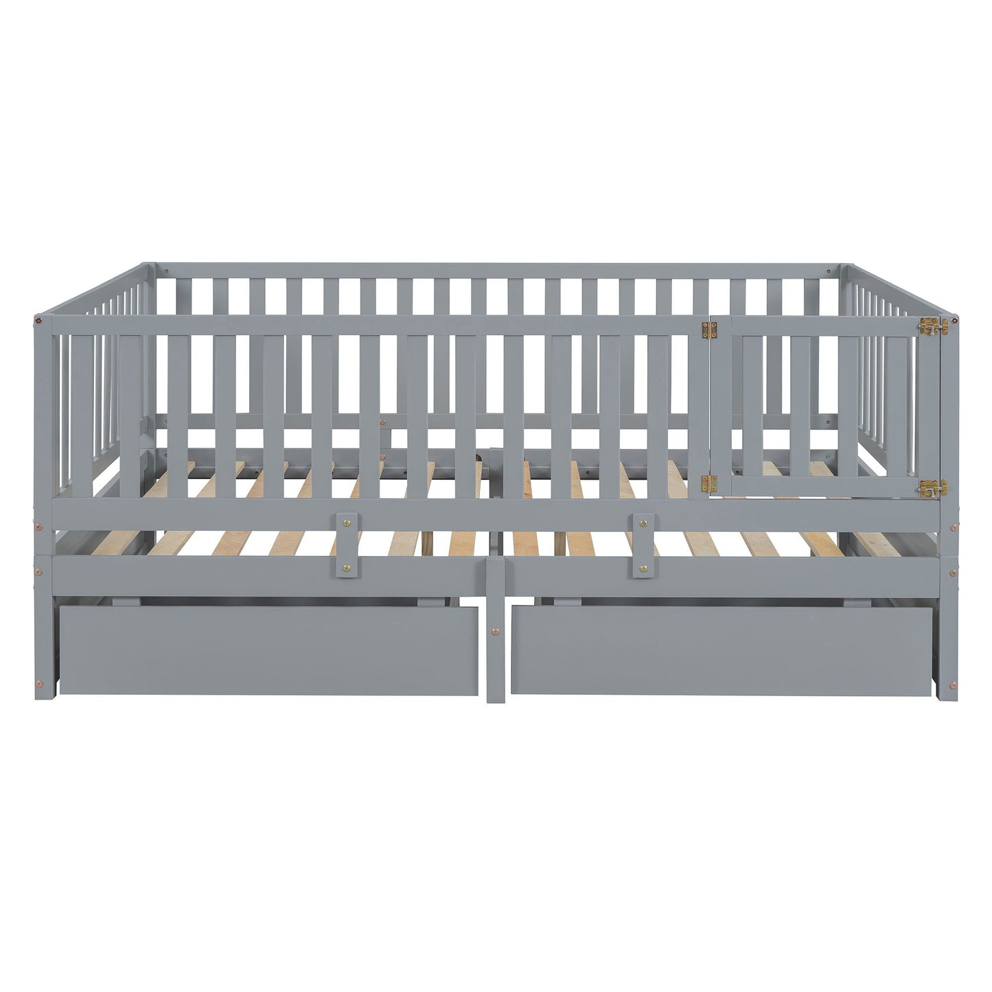 Daybed With Fence Guardrails And 2 Drawers, Split Into Independent Floor Bed & Daybed