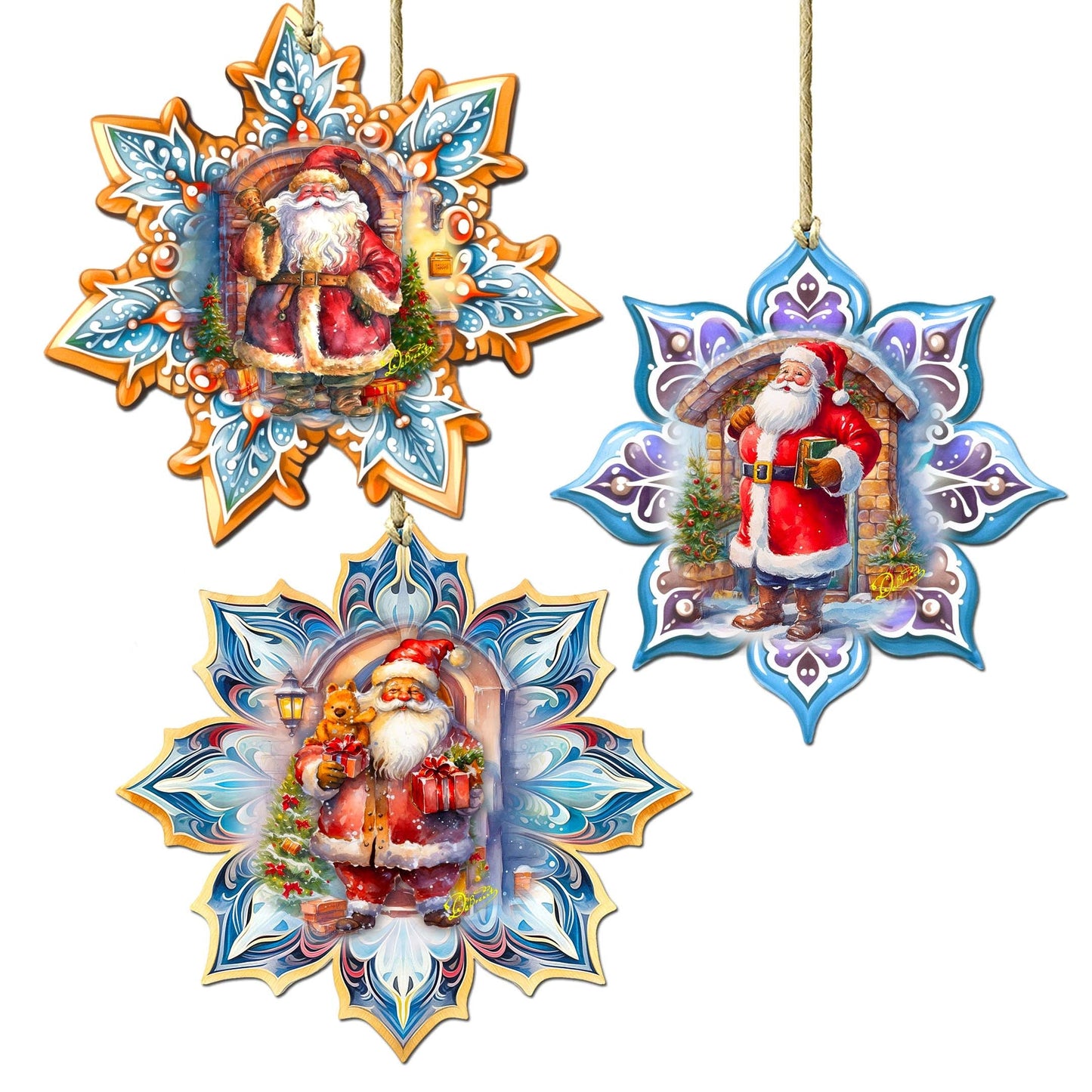 Santa's Greetings Snowflake Eco Wood Ornaments Set of 3 by G. Debrekht - Christmas Decor - 8090147-S3