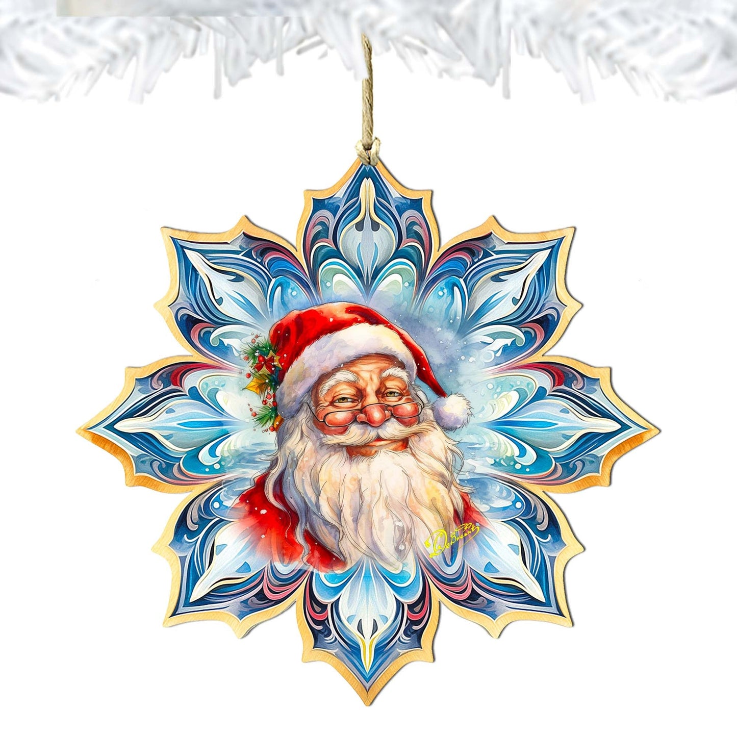 Santa Face Snowflake Wooden Ornaments by G. Debrekht - Christmas Santa Snowman Decor - 8688424