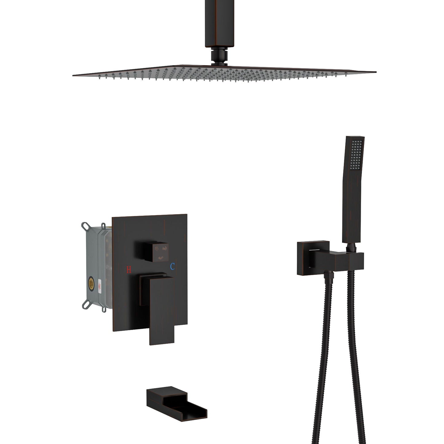 Modern Shower System With Waterfall Tub Spout, 12" Ceiling Mount Square Shower