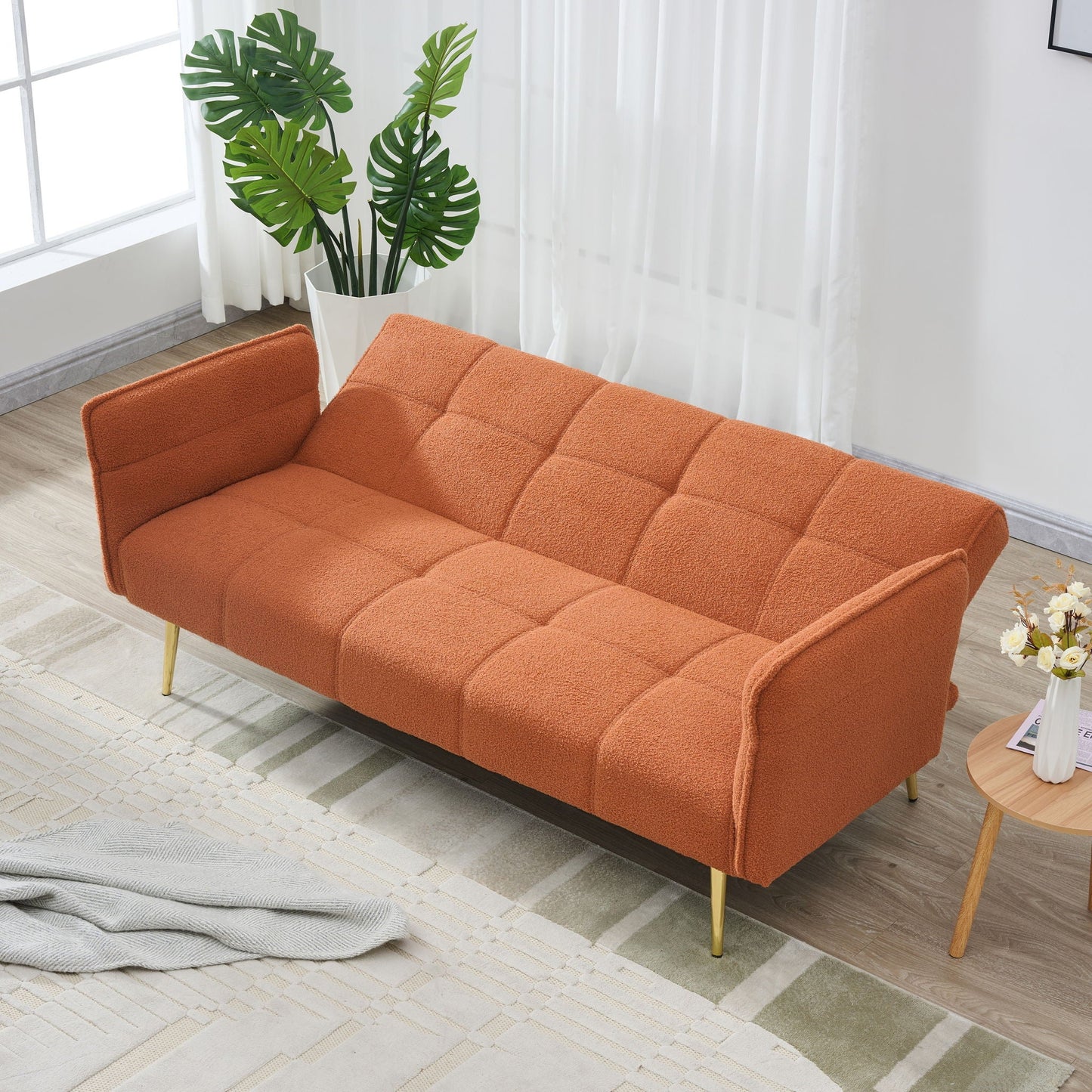 Convertible Double Futon Sofa Bed With Folding Armrests For Living Rooms