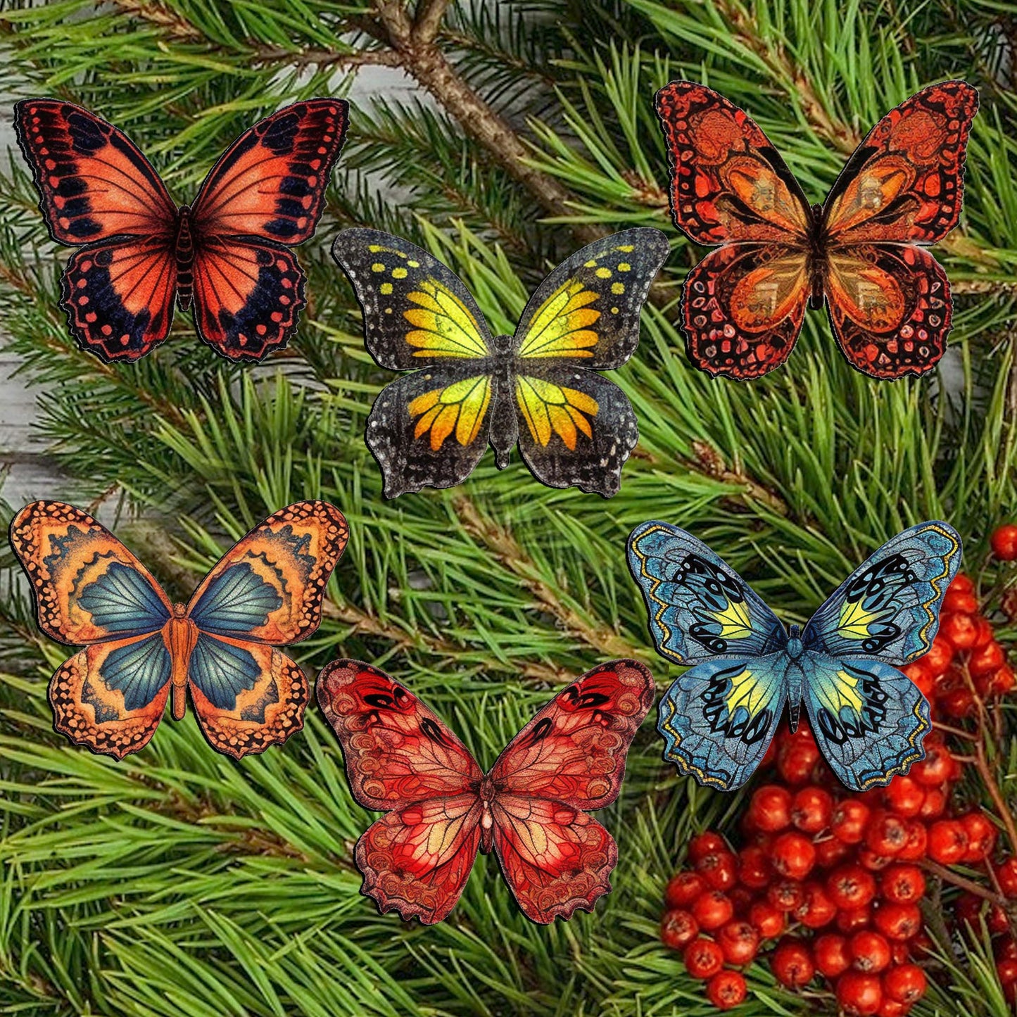 Summer Butterfly Clip-On Eco Wood Decorative Ornaments Set of 6 by G. Debrekht - Christmas Decor - 8090012-1C-S6