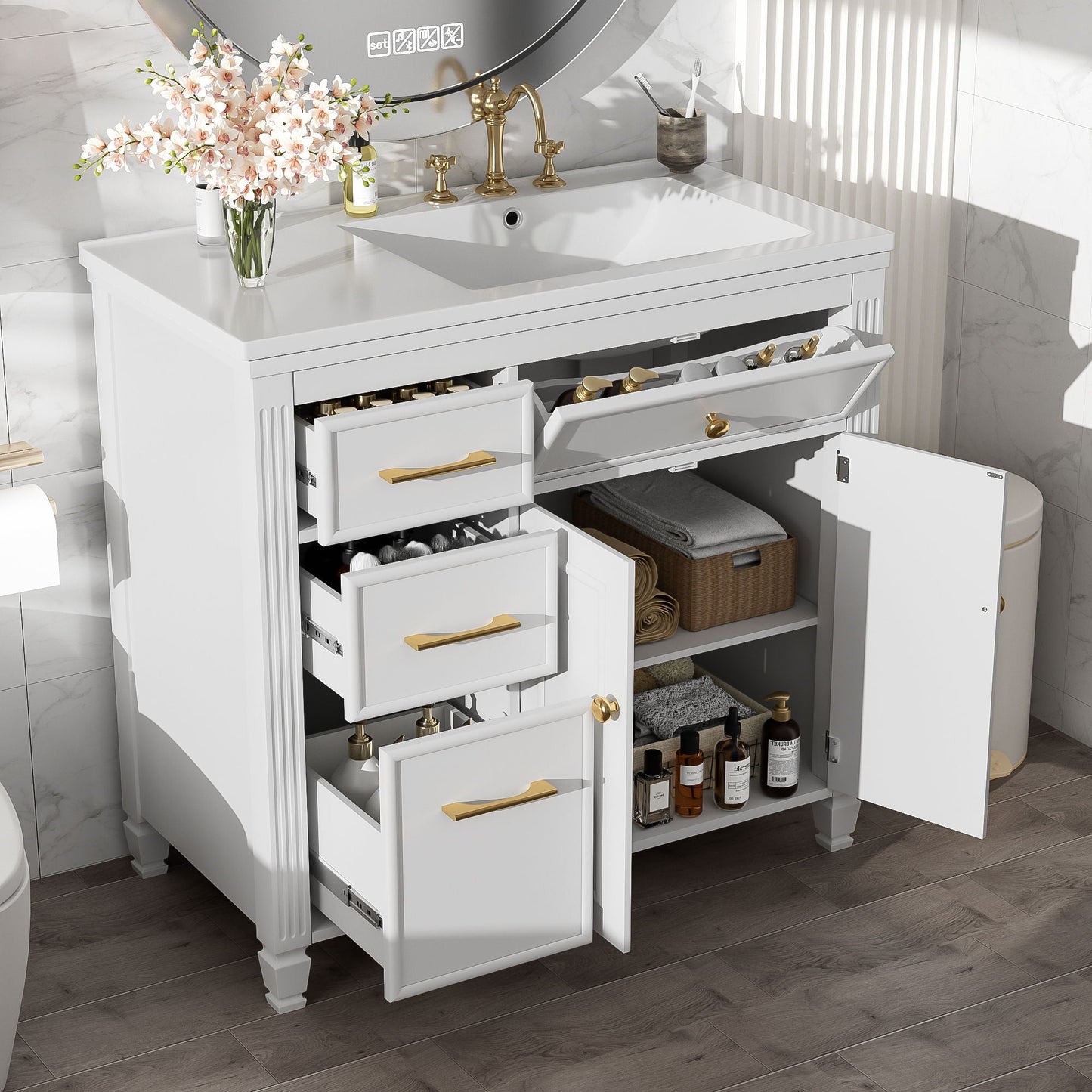 Modern Bathroom Vanity With Ceramic Sink, Freestanding