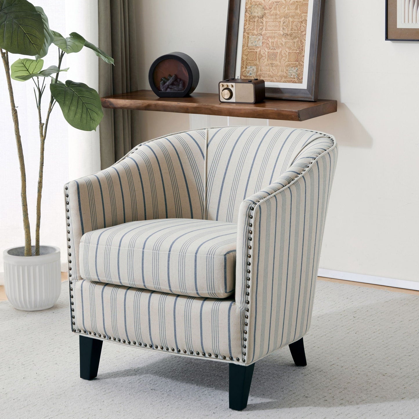 Transitional Upholstered Stripe Barrel Chair With Birch Wood Legs And Plush Cushioned Seat