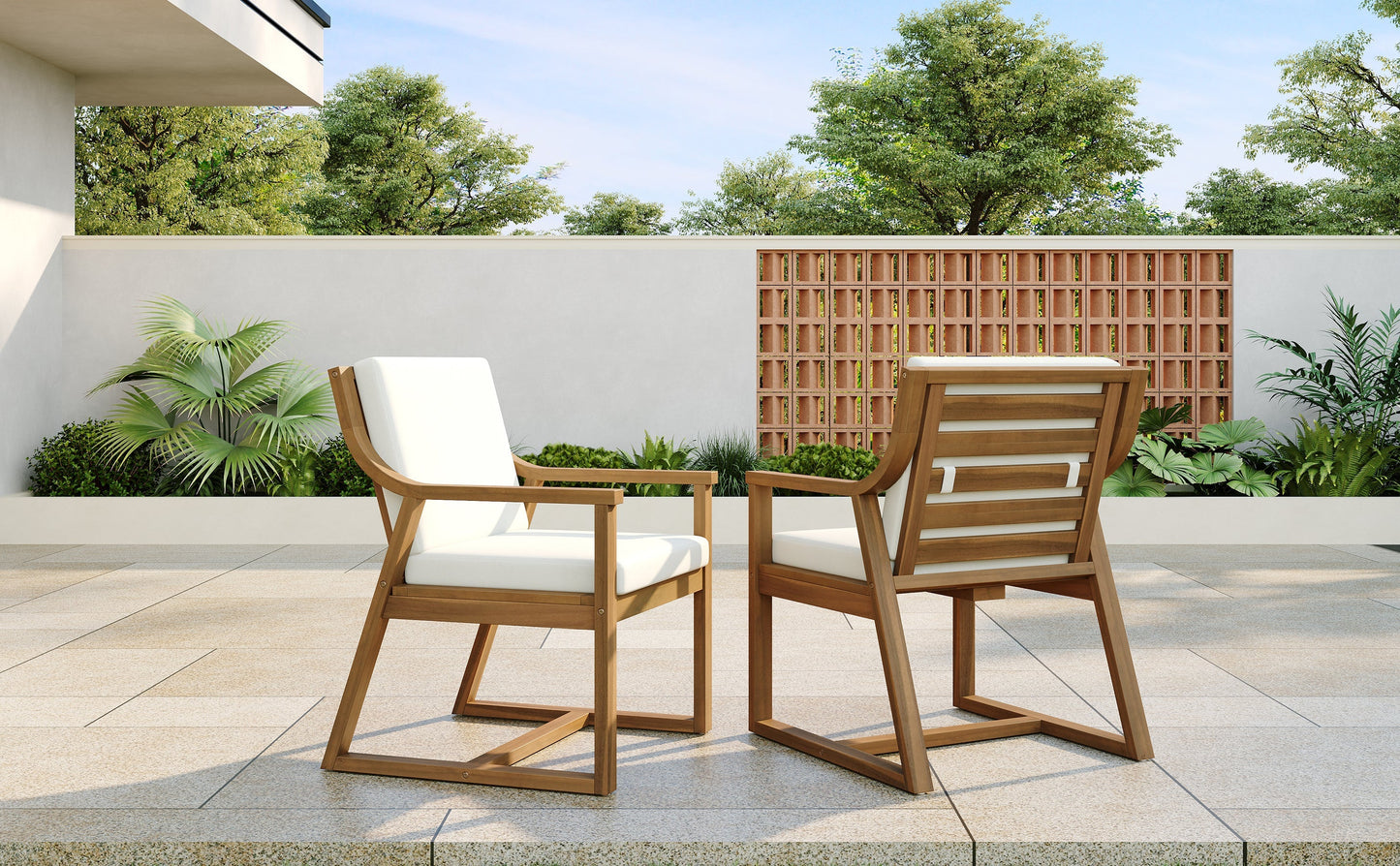 TREXM Patio Dining Chair Set of 2, Wood Outdoor Armchairs with Removable Cushions