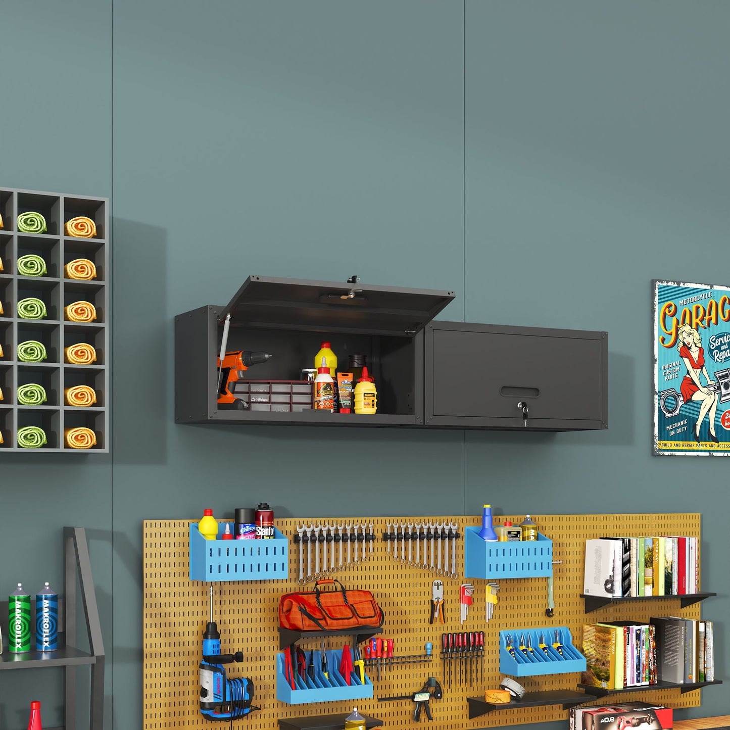 Heavy Duty, Metal Wall Mounted Tool Storage Cabinet Steel Metal Garage Storage Cabinet - Black / Gray