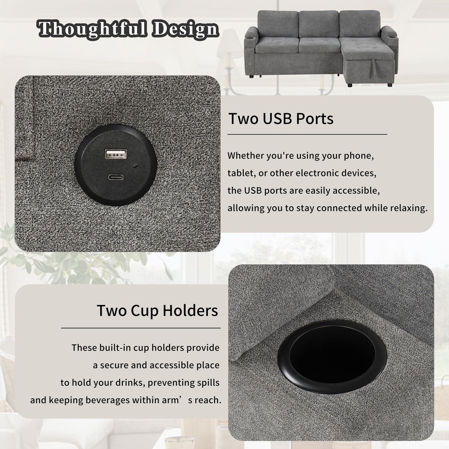 Convertible L Shaped Sofa Couch With Storage, Cup Holders, USB Ports