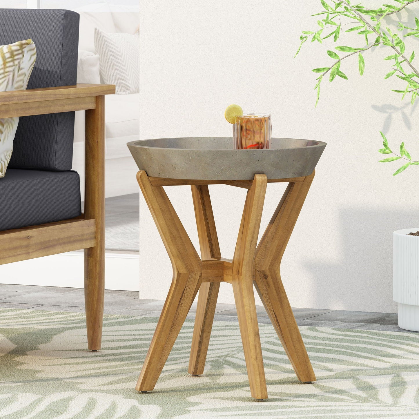 Yukon Contemporary Side Table with Lightweight Concrete Top and Acacia Wood Frame - Gray