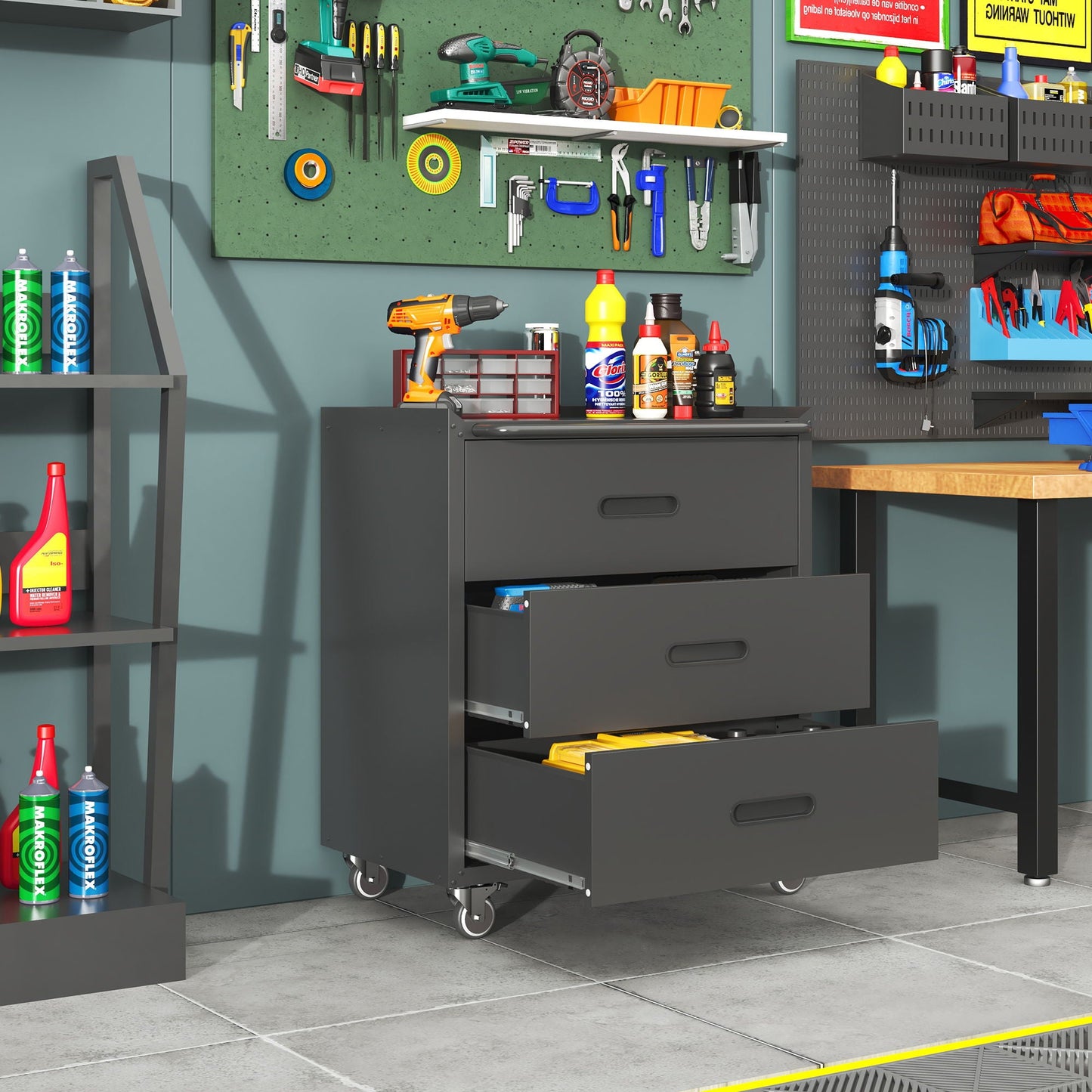 Heavy Duty Metal Storage Cabinet With Wheels 3 Drawer Tool Cabinet For Garage, Office, And Home Organizer Solutions