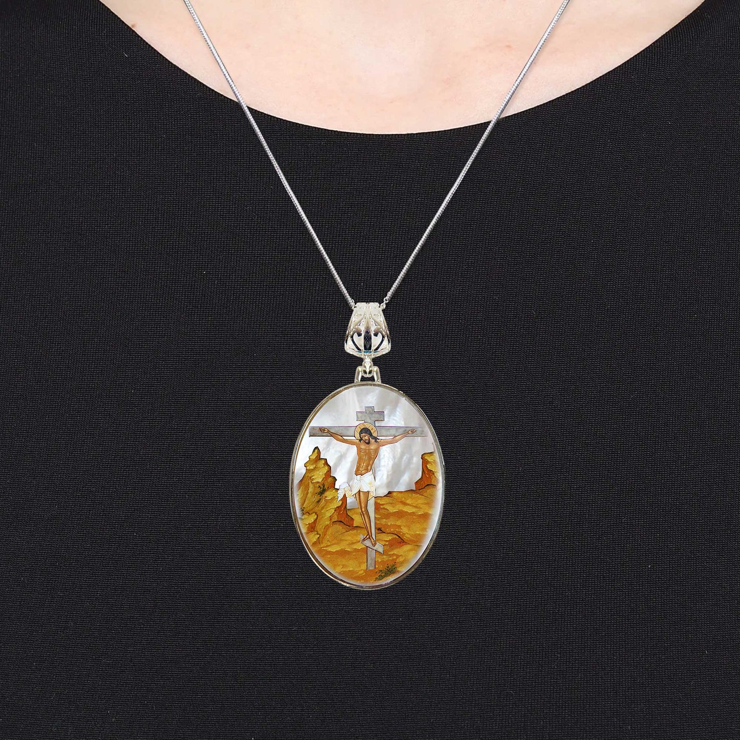 Crucifixion Silver Plated Mother of Pearl Jewelry Necklace - 43058