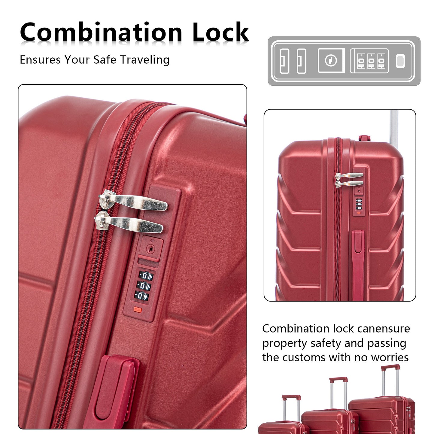 Set 3PCs 20'/24'/28' ABS Spinner Wheel Luggage Wine Red