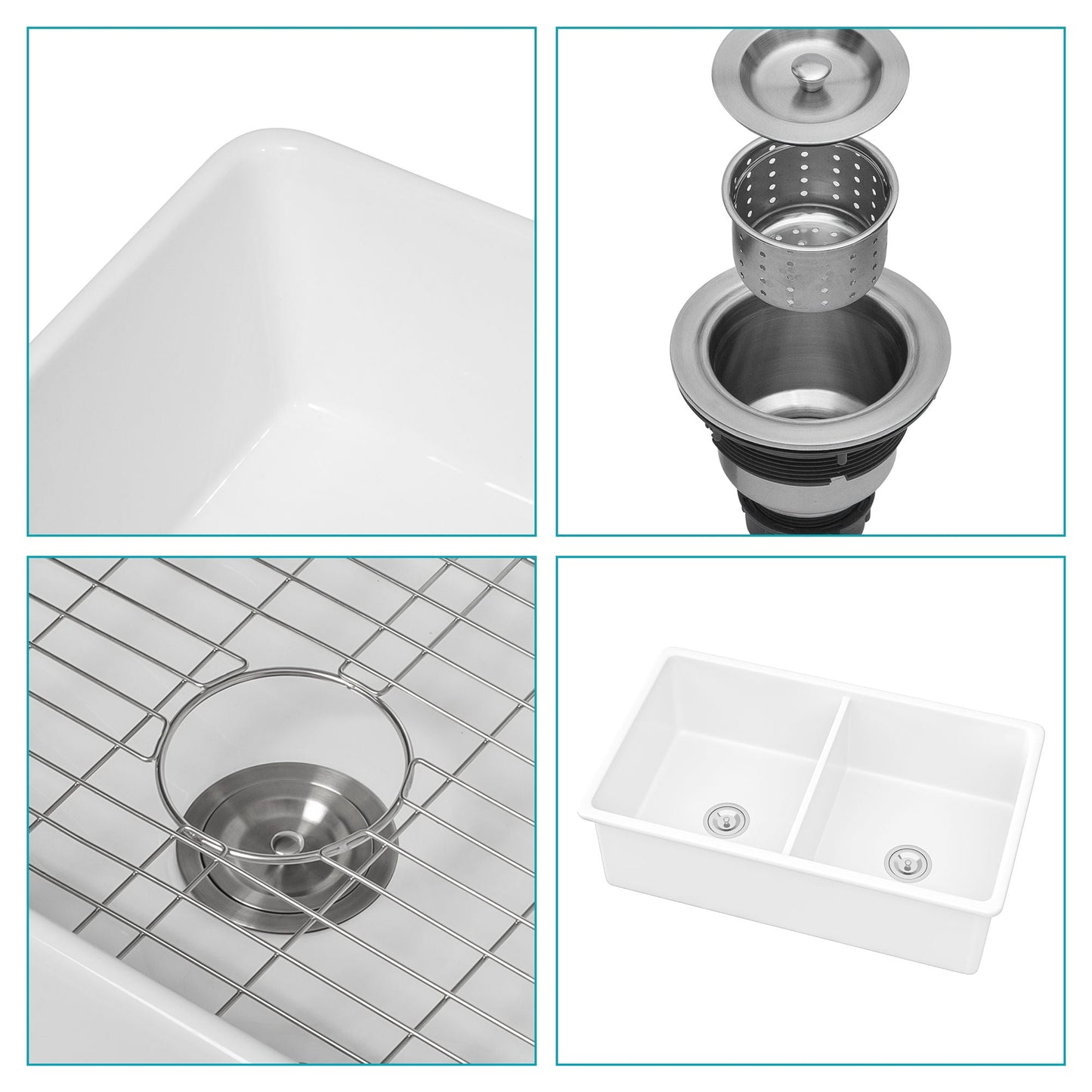 Elegant Dual Mount 32" Undermount Double Bowl Ceramic Kitchen Sink - White