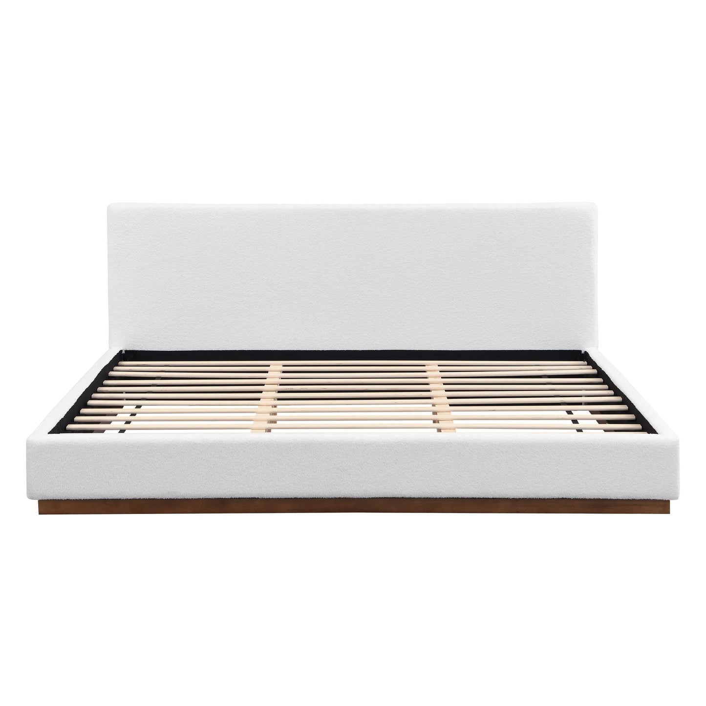 Elegant Boucle Upholstered Bed With Wood Grain Textured Solid Wood Base Frame