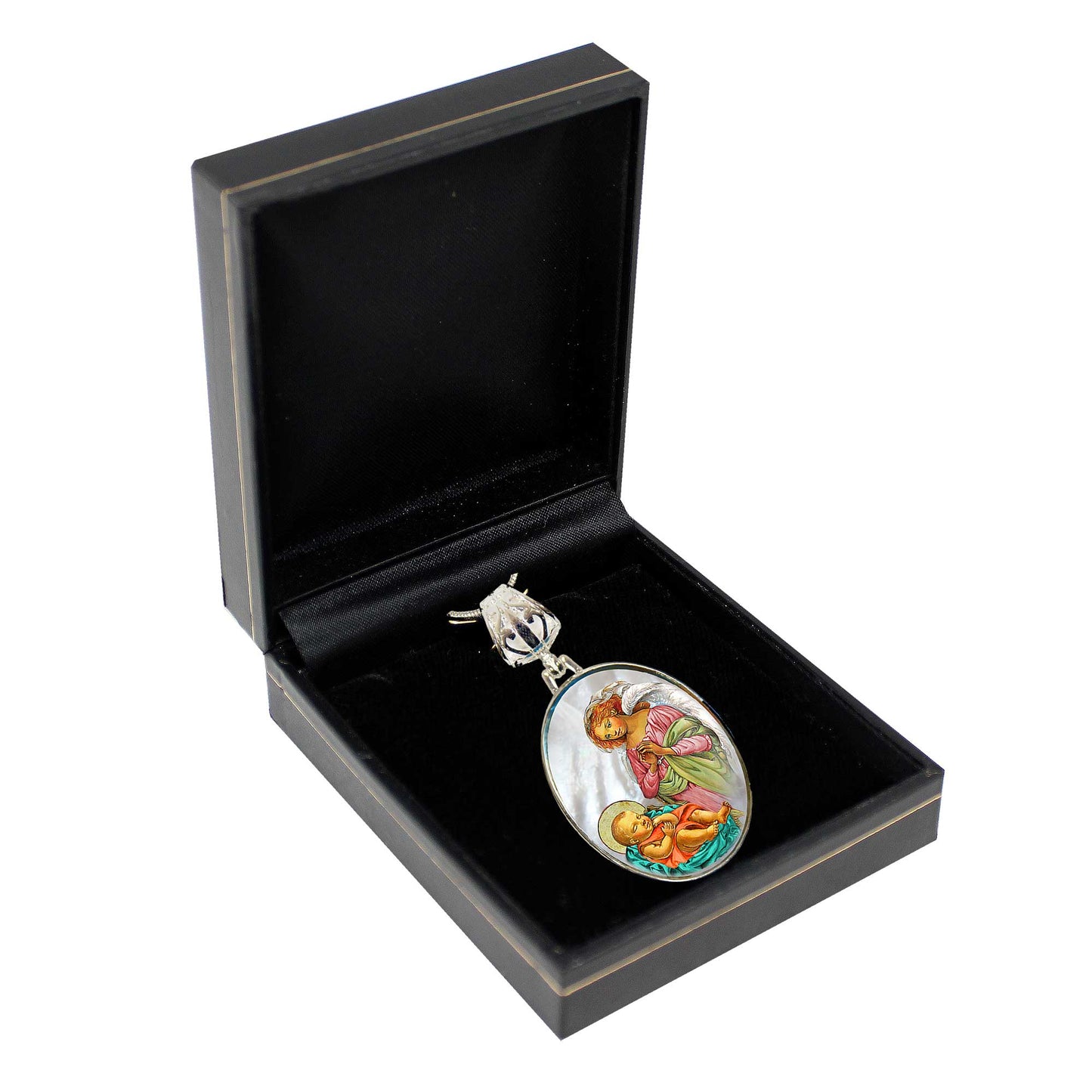 Blessing Angel with Child Silver Plated Mother of Pearl Silver Necklace - 43028