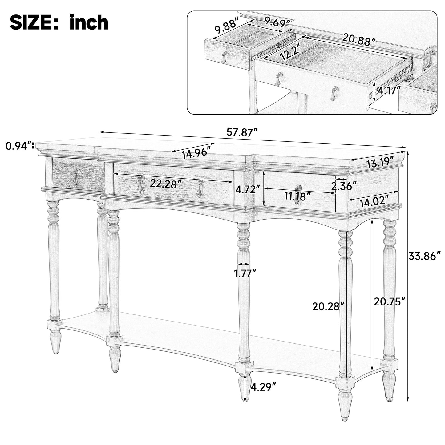 Retro Console Table With 3 Soft Close Drawers