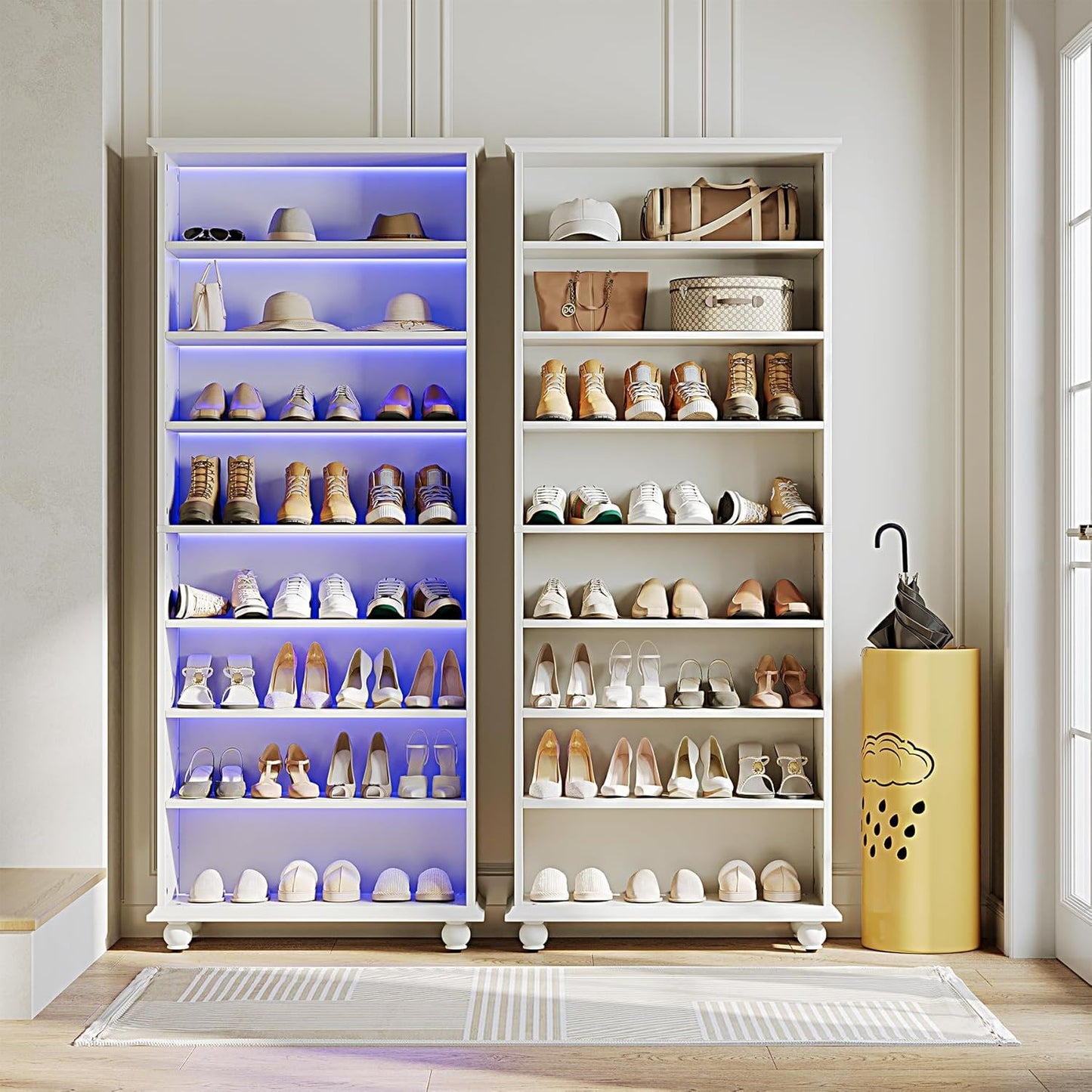 8 Tier Led Illuminated Shoe Cabinet With Adjustable Shelves, Storage Rack For 26 Pairs - White