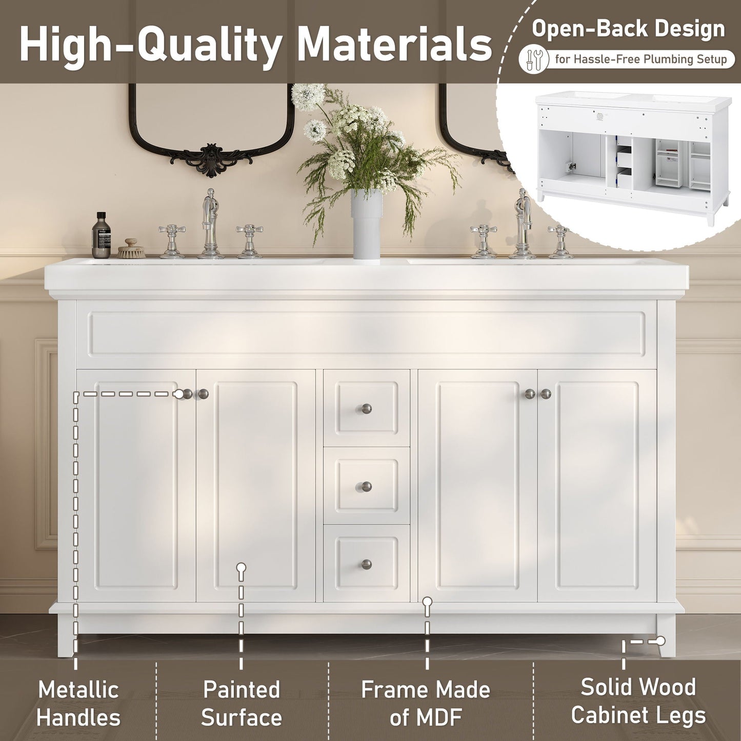Bathroom Vanity With Double Sinks, 3 Drawers & 4 Doors - White