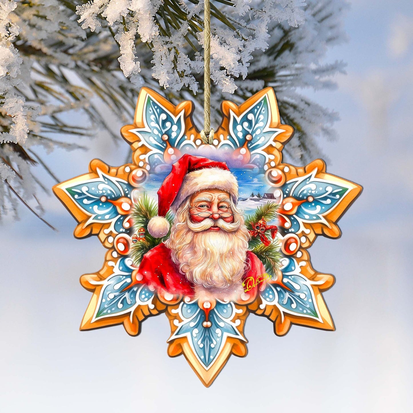 Santa Snowflake Wooden Ornaments by G. Debrekht - Christmas Santa Snowman Decor - 8688422