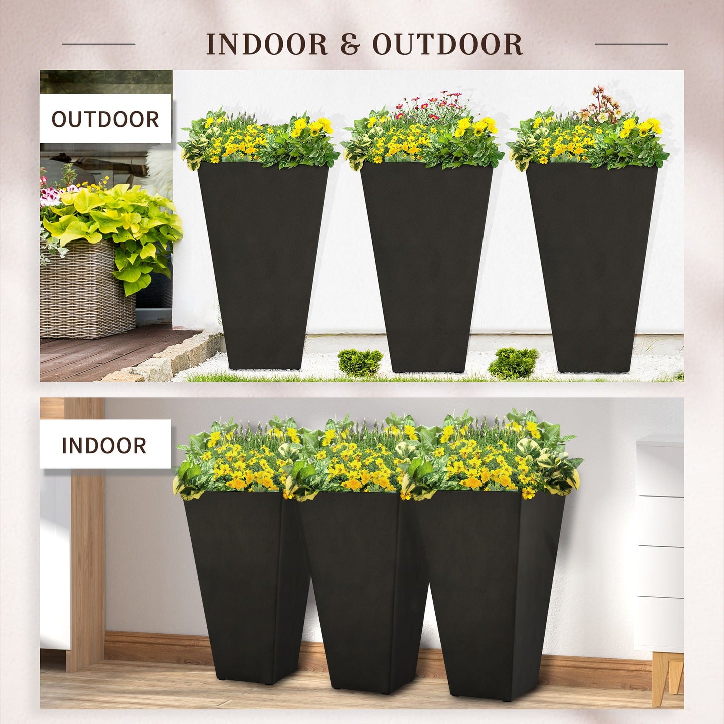 Outsunny - Outdoor Planters (Set of 3) Large Taper Planters With Drainage Holes And Plug, Faux Wood Plastic Flower Pots For Outdoor, Indoor, Garden, Patio