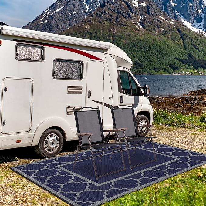 GENIMO 4 ' x 6 ' Outdoor Rug for Patio Clearance, Waterproof Indoor Outdoor Plastic Straw Rugs Carpet, Reversible Outside Area Rv Mat for Camping, Balcony Porch, Deck, Picnic, Beach (Blue & Gray)