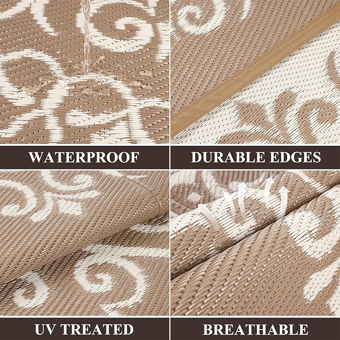 Pauwer Waterproof Outdoor Rug 8x10, Reversible Plastic Straw Patio Camping Rug, Indoor Outdoor RV Mat Carpet for Deck, Camper, Porch, Balcony, Backyard, Picnic, Floral Brown