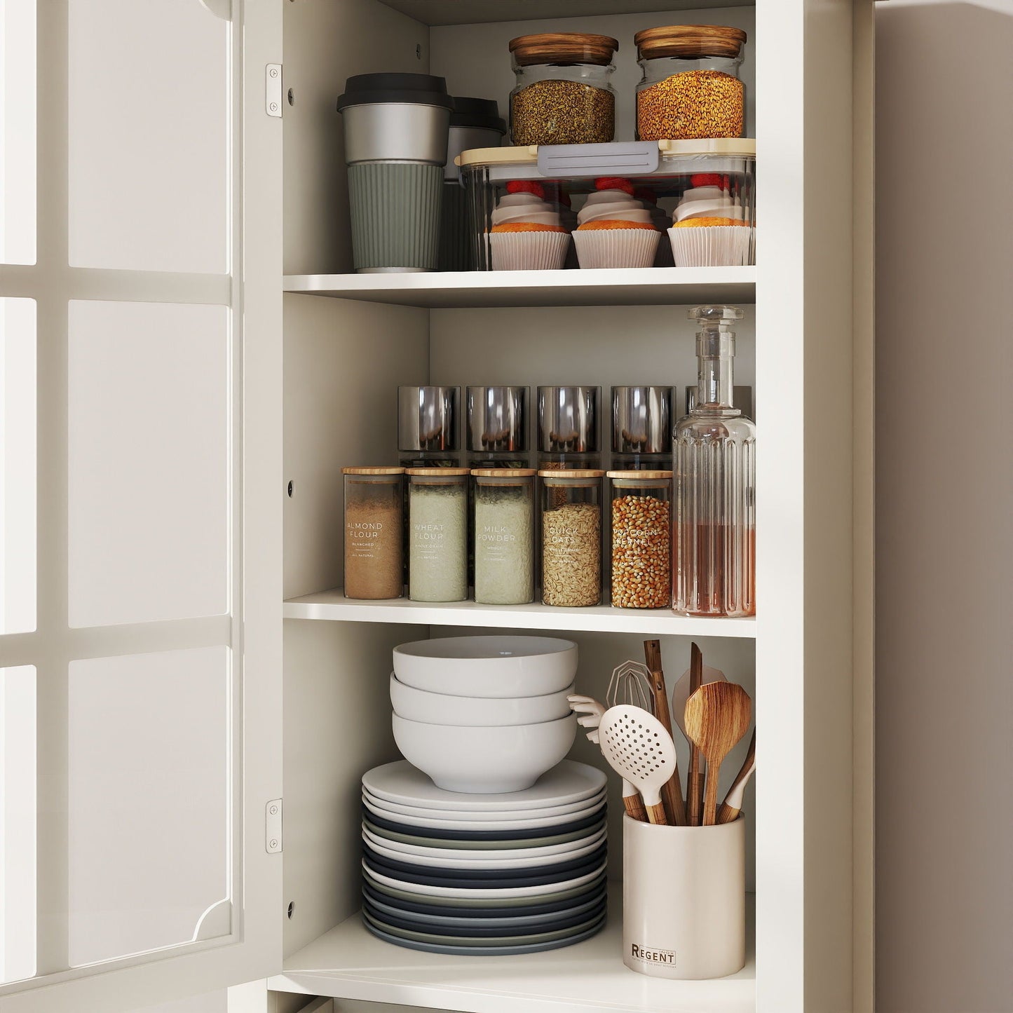 Minimalism Buffet Cabinet With Glass Doors And Double Drawer