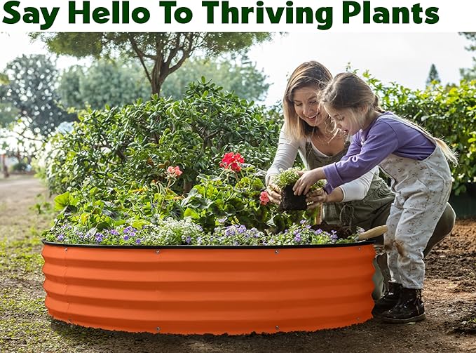 Round Galvanized Raised Garden Bed // 4×4×1 ft Galvanized Raised Garden Beds Outdoor for Gardening, Vegetables, Flowers // Tool-Free Assembly Patent Pending Round Planter (Orange)