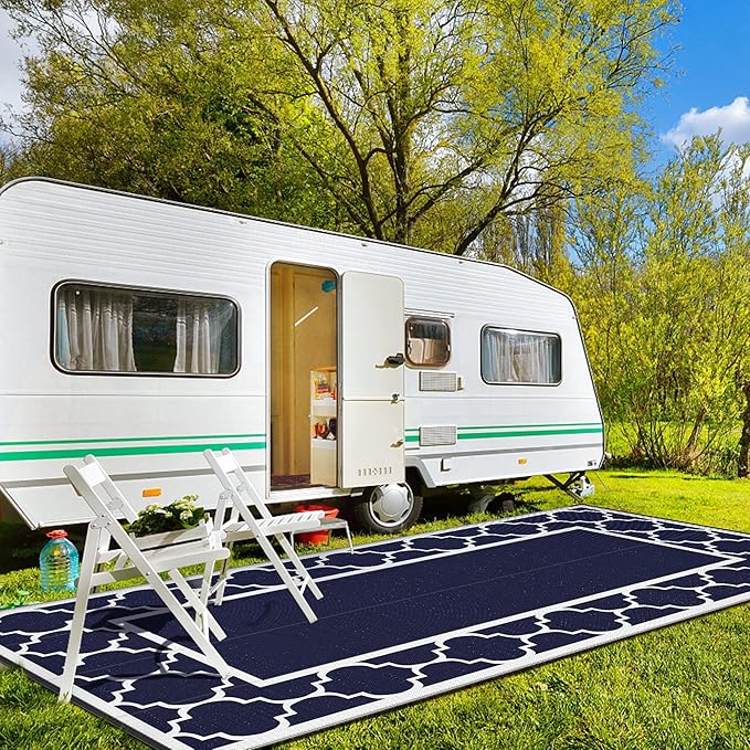GENIMO 10 ' x 20 ' Outdoor Rug Waterproof for Patio Decor, Foldable Reversible Plastic Straw Area Rugs Mat for Camper, Outside Carpet for Rv, Deck, Porch, Picnic, Beach, Balcony, Blue & White