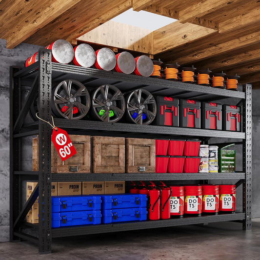 60” W Heavy Duty Garage Shelving, 5000LBS Metal Storage Shelves, 4 Tier Storage Rack Shelf, Steel Industrial Shelving, Adjustable Standing Shelf for Basement/Warehouse 60" W x 24" D x 70" H, Black