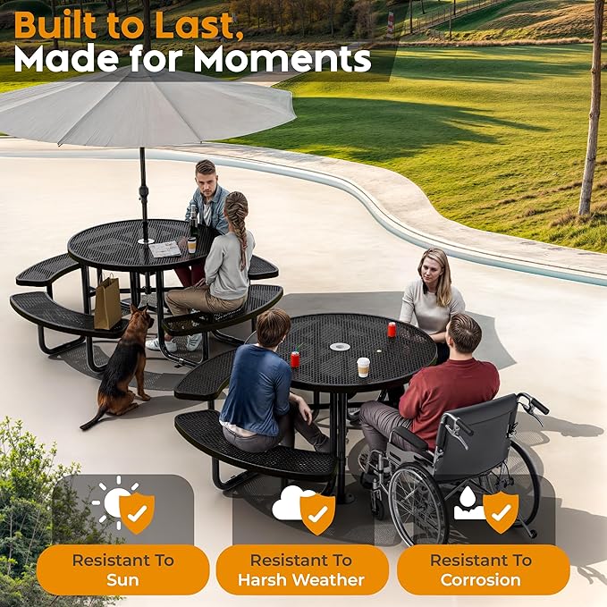Metal Picnic Tables for Outdoors with Umbrella Hole - Coated Steel Heavy Duty Commercial Grade Table with Adjustable Seats (Black, 46 in, Round, Expanded Steel)
