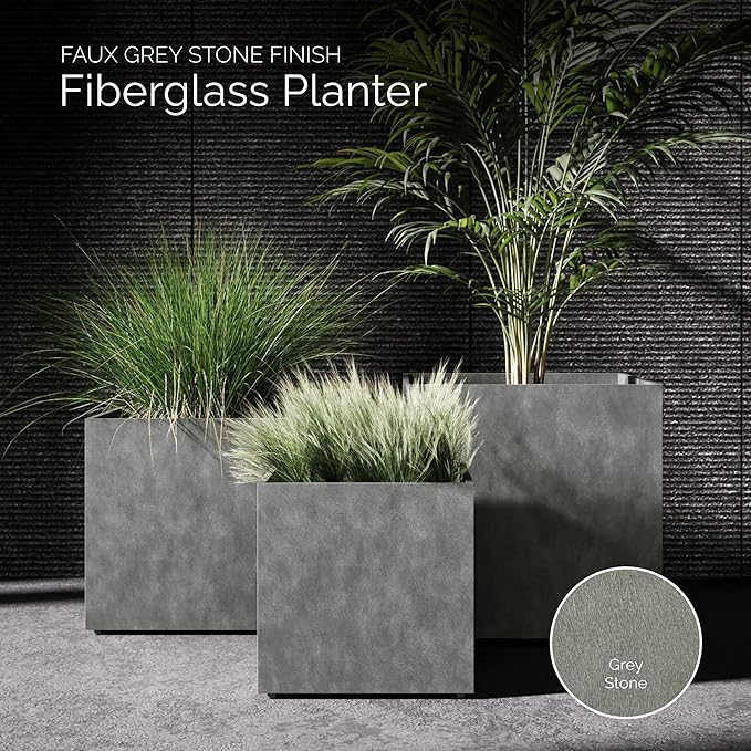 Reglito Cube Planter – Fiberglass Indoor/Outdoor and Weather-Resistant Large Planter (Grey Stone, 39.4" L x 39.4" W x 40" H)