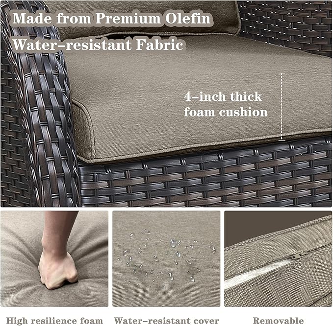 5 Piece Outdoor Patio Furniture Set - Outdoor Conversation Couch and Loveseat Glider Chair Furniture Set with Rattan Coffee Table for Deck Balcony Poolside Brown Wicker/Grey Cushions