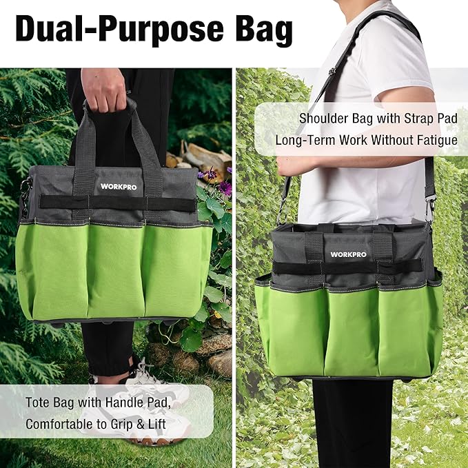 WORKPRO Garden Tool Bag Organizer, Heavy Duty Gardening Tote Bag with 10 Pockets and Long Adjustable Shoulder Strap, Standable Garden Home Tool Kits Organizer, Green