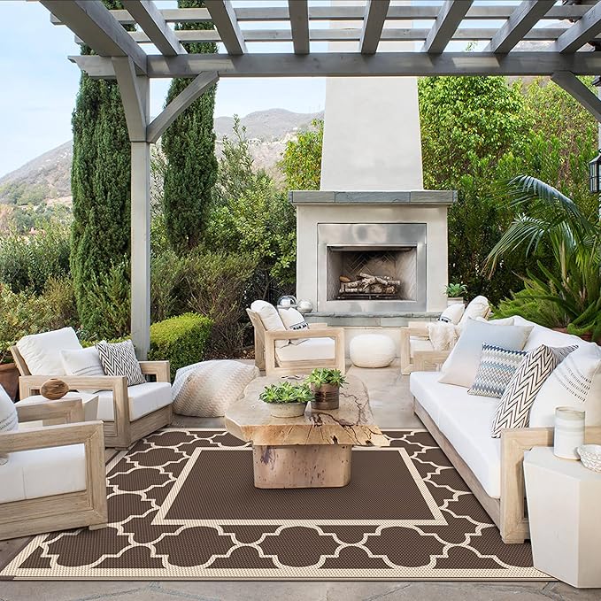GENIMO 9' x 12' Outdoor Rug Waterproof for Patio Decor, Foldable Reversible Plastic Straw Area Rugs Mat for Camper, Outside Carpet for Rv, Deck, Porch, Picnic, Beach, Balcony, Coffee & Beige