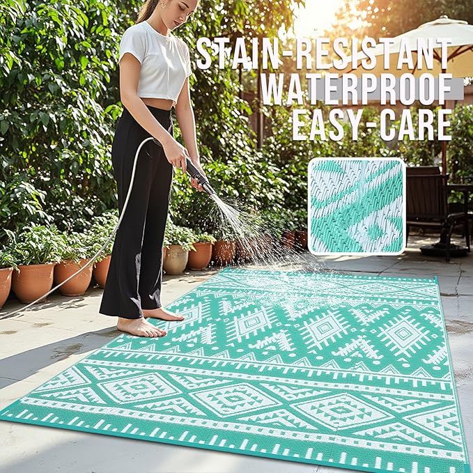 OLANLY Outdoor Rug Waterproof 6x9 ft, Reversible Outdoor Plastic Straw Rug, Boho Patio Rug, Indoor Outdoor Carpet, RV Mat Outside for Patio, Camp, Picnic, Balcony, Deck, Backyard, Turquoise & White
