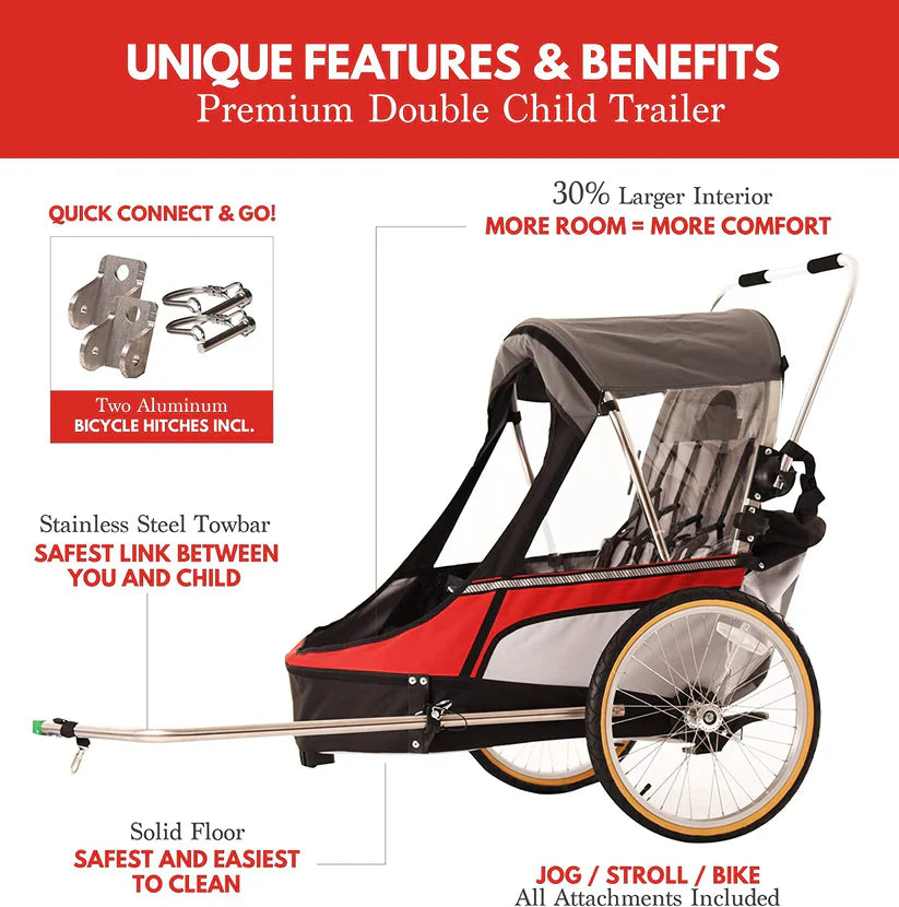 Wike Premium Double Children's Bike Trailer - Includes Stroller and Jogging Kit