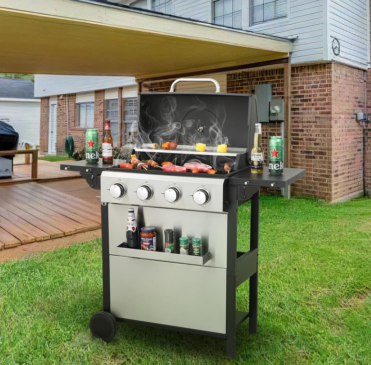 4-Burner Propane Gas Grill, 34,200 BTU Outdoor BBQ Grill with Stainless Steel Warming Rack & Enameled Cooking Grids – Foldable Side Tables, Built-in Thermometer, Hanging Basket – Heavy-Duty 6" Wheels