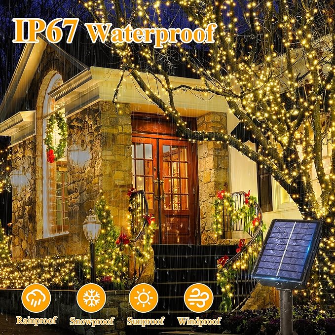 Ollny Solar String Lights Outdoor, 66FT 200LED Solar Fairy Lights with 8 Modes, Waterproof Solar Lights for Outside Yard Garden Patio Camping Party Wedding(Warm White)