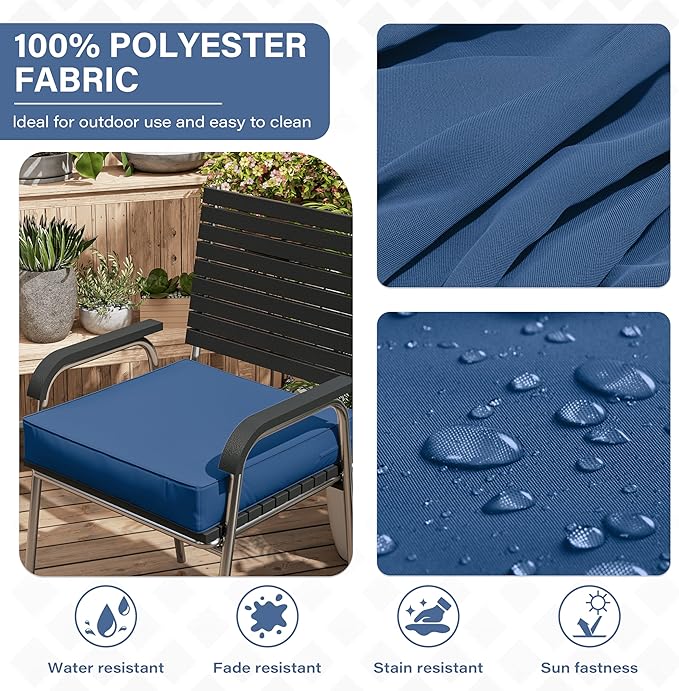 Patio Chair Cushions 18.5 X 16 X 4 Inch Waterproof Outdoor Seat Cushions for Patio Furniture, Outdoor Sofa Couch Pads with Ties & Handle, Set of 2, Blue