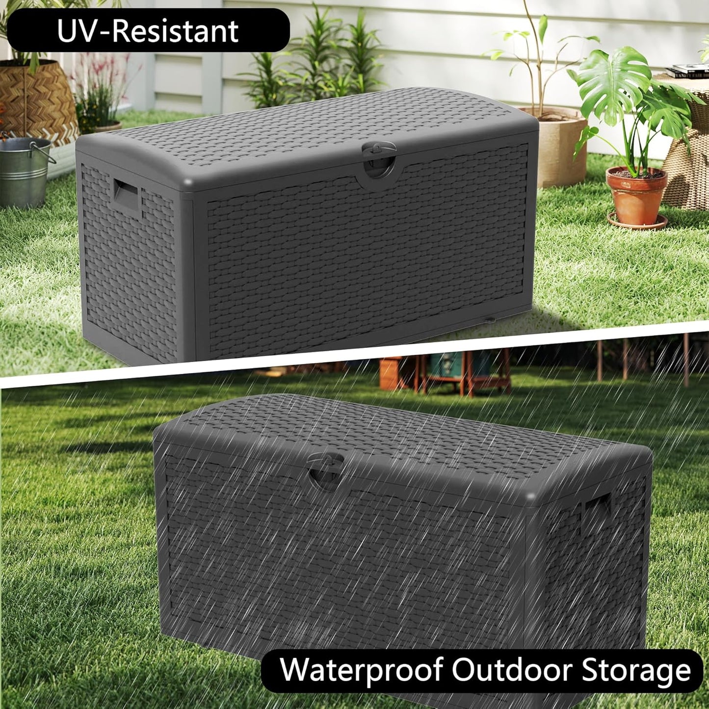 Upgrade 80 Gallon Waterproof Large Resin Deck Box Indoor/Outdoor Lockable Storage Container and Seating for Garden, Pool, and Patio (80 Pro Gallon, Black)