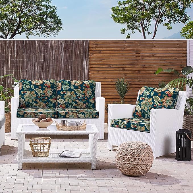 LVTXIII Outdoor/Indoor Deep Seat Cushion Patio Seat and Back Cushion Set All-Weather Replacement Chair Cushion for Wicker Chairs and Garden Furniture Decoration, 24"x24"x4", Peacock Blue