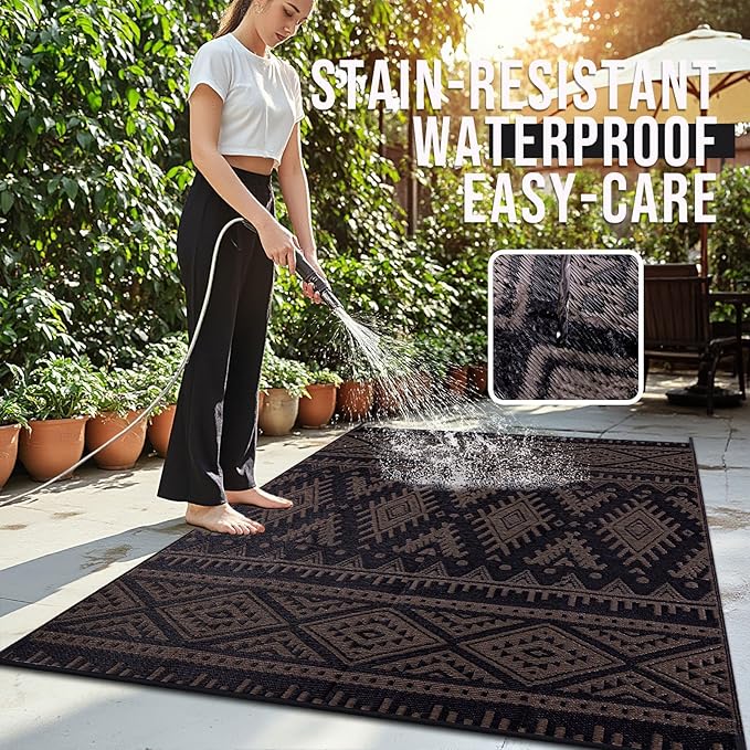 OLANLY Outdoor Rug Waterproof 8x10 ft, Reversible Outdoor Plastic Straw Rug, Boho Patio Rug, Indoor Outdoor Carpet, RV Mat Outside for Patio, Camp, Picnic, Balcony, Deck, Backyard, Black & Brown