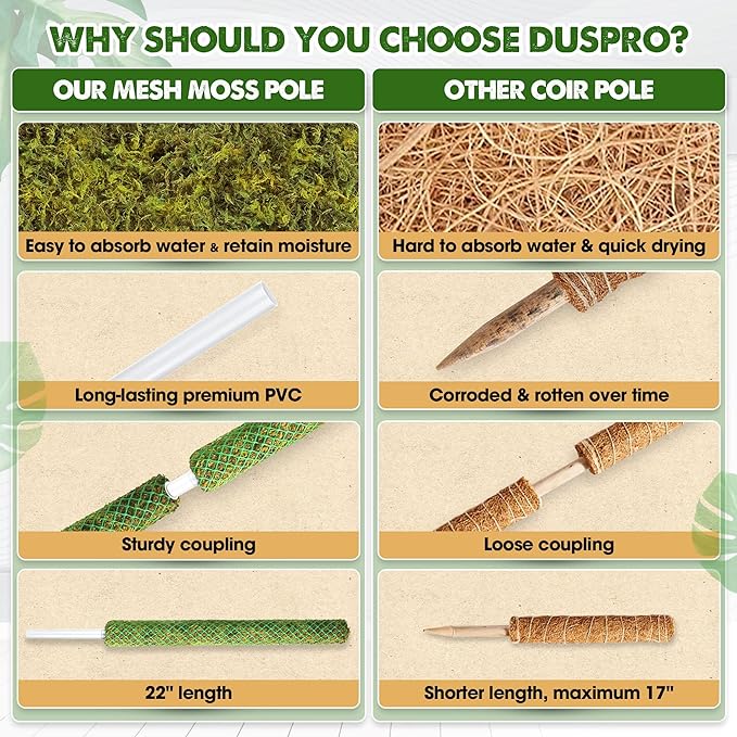 Duspro Green Stackable Mesh Moss Pole for Plants Climbing Vine Supporting Monstera Trellis, for Indoor Plants Extendable Plant Pole Moss Sticks, for Potted Plant Stakes 4Pack 71''