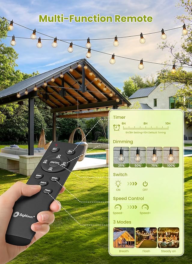 Brightown 158FT Solar String Lights Outdoor Waterproof with Remote, Solar Patio Lights with 75 Shatterproof LED Bulbs, 3 Light Mode, Dimmable & Timer, Hanging String Lights for Porch Garden Bistro