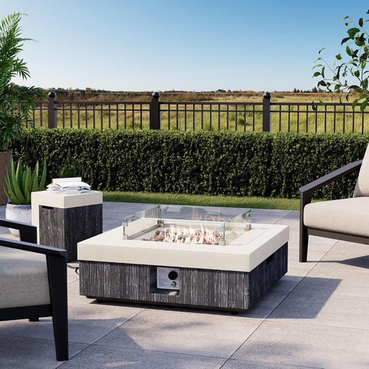 COSIEST 35" Outdoor Propane Fire Pit Table w Tank Cover & Wind Guard, Square Gas Fire Pit Table with Concrete & Wood Grain Design, 50000BTU CSA Certified Fire Tables for Patio, Backyard, Garden