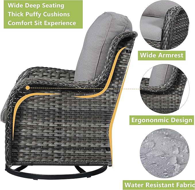 Outdoor Patio Swivel Rocker Chairs - Single Wicker Rattan Patio Swivel Rocking Chair with High Back,Deep Seating and Comfort Cushions for Deck Porch Garden,Mixed Grey/Beige