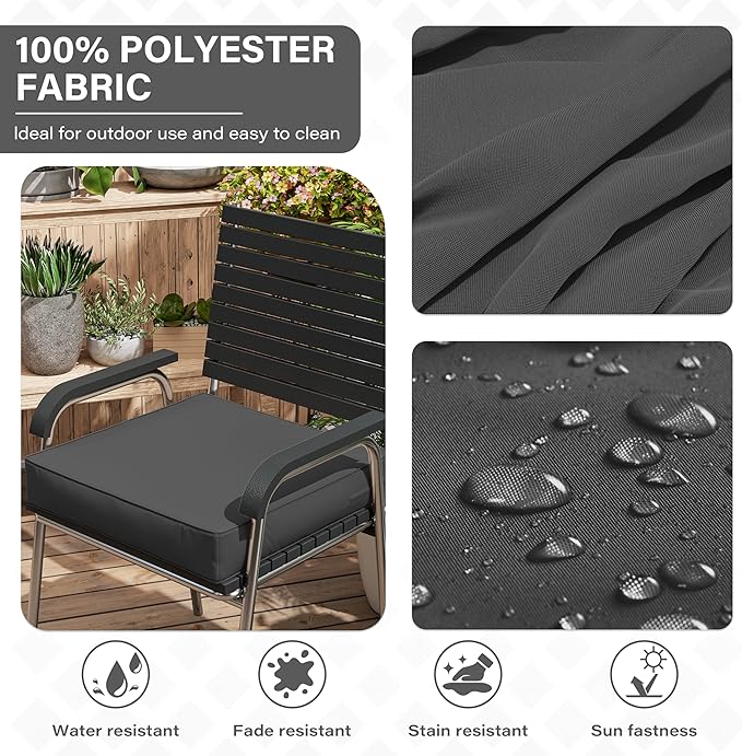 Patio Chair Cushions 18.5 X 16 X 4 Inch Waterproof Outdoor Seat Cushions for Patio Furniture, Outdoor Sofa Couch Pads with Ties & Handle, Set of 2, Grey