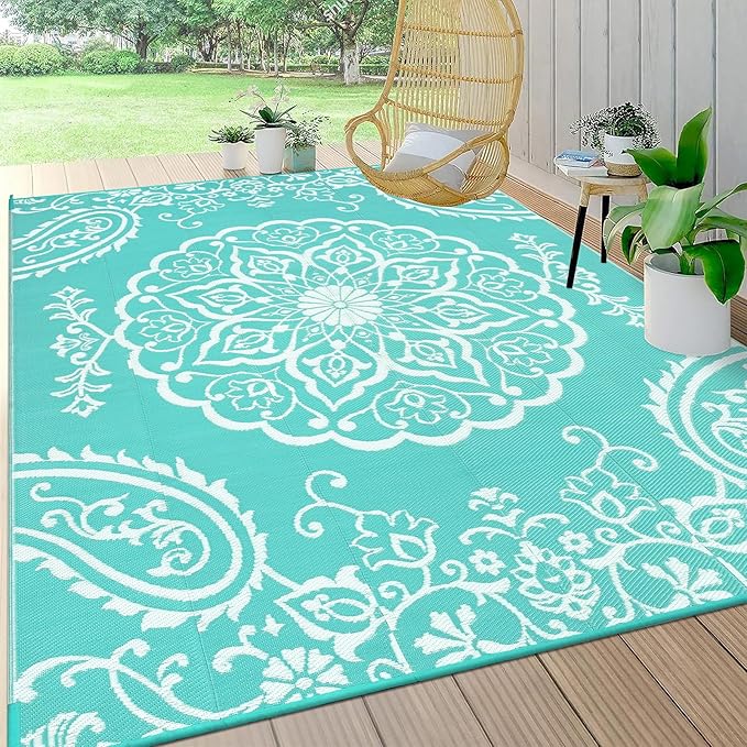 Pauwer Waterproof Outdoor Rug 6x9, Reversible Plastic Straw Patio Camping Rug, Indoor Outdoor RV Mat Carpet for Deck, Camper, Porch, Balcony, Backyard, Picnic, Boho Light Blue