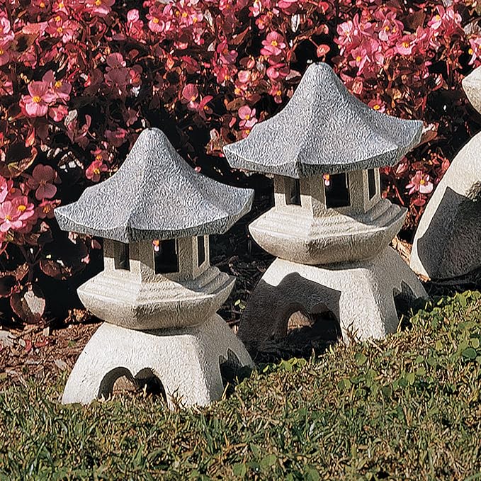 Design Toscano NG729869 Asian Pagoda Statues Medium - Set of Two,two tone stone
